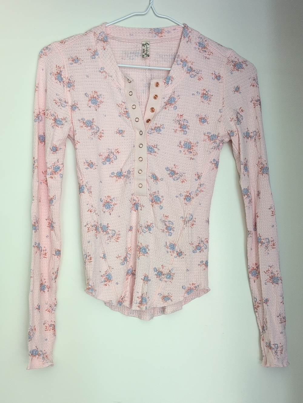 Free People Blush Pink Floral Waffle Henley